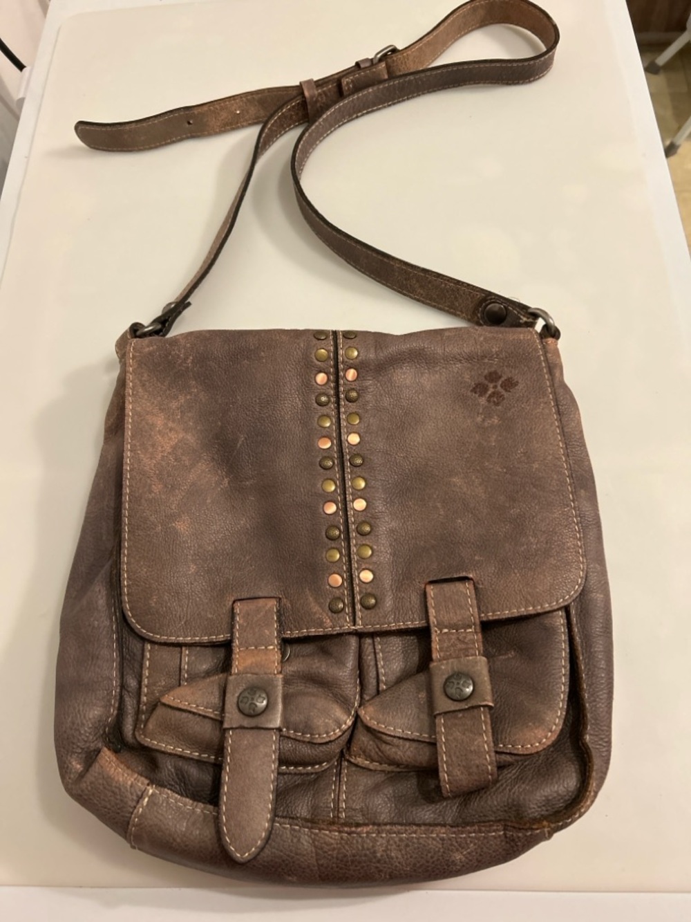 Patricia Nash Brown Leather Interior- Messenger Handbag with Embossed Logo Worn